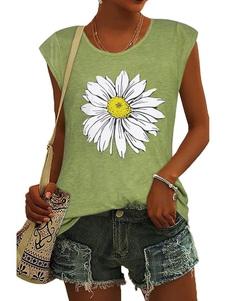 Women's Grass Green Tank Top Summer Cap Sleeve T Shirts V Neck Casual Loose Fit